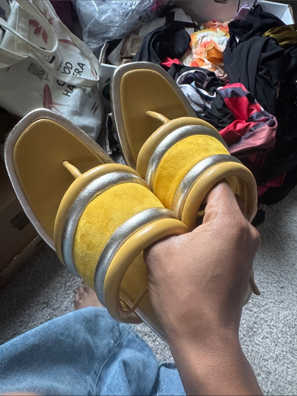 ToryBurch Yellow Suede wedge with Metallic Silver Accent